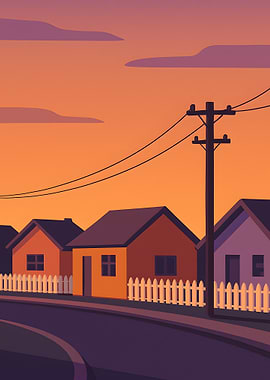 Sunset Suburban Street Illustration