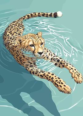 Cheetah Swimming in Water Illustration