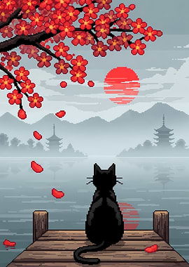 Pixel Art Cat and Cherry Blossoms