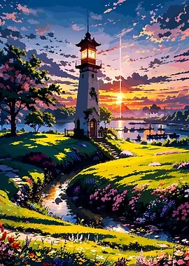 Lighthouse at Sunset Landscape Painting