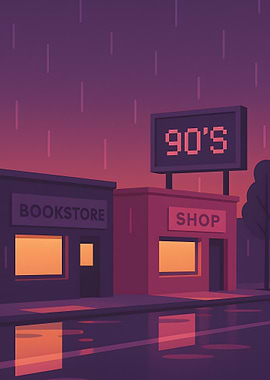 Rainy 90s Cityscape with Bookstore and Shop
