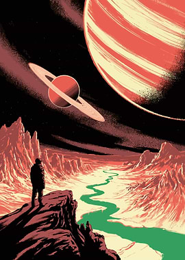 Man on alien planet with planets