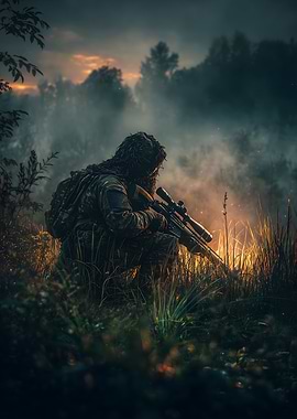 Camouflaged Sniper in Grassy Field