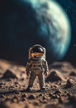 Miniature astronaut figurine exploring a surreal lunar landscape