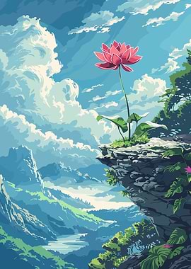Lotus Flower on Cliffside Landscape