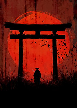 Samurai Silhouette with Torii Gate and Sun