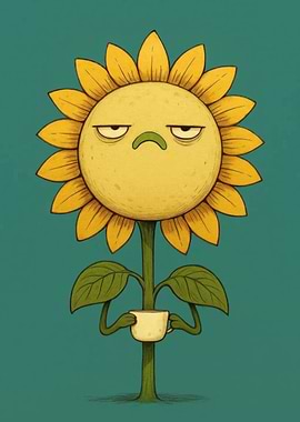 Grumpy Sunflower with Coffee Cup