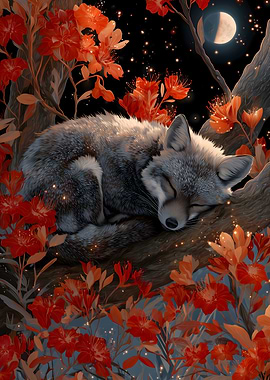Sleeping Fox in Floral Night Scene