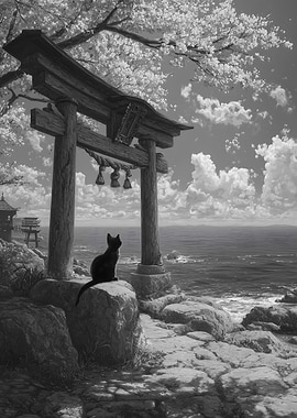 Black Cat at Torii Gate