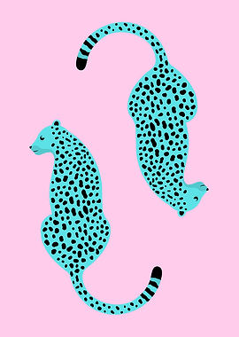Two Blue Leopards on Pink Background