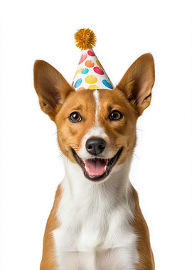 Basenji Dog with Birthday Hat Portrait