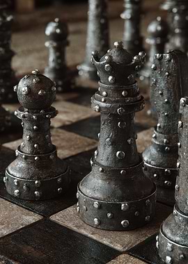 Metal Chess Pieces on Board