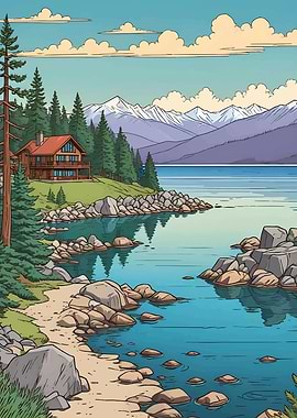 Lakeside Cabin Landscape Illustration