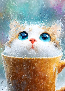 Cat in a Cup on Rainy Day