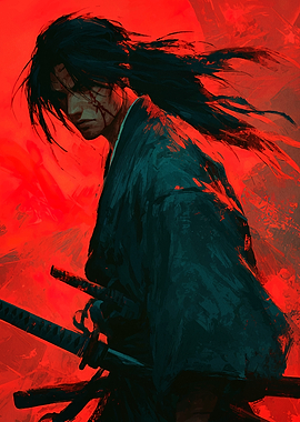 Wounded Samurai Warrior in Red