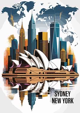 Sydney and New York Cityscape Illustration