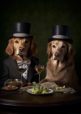 Two dogs in suits and hats