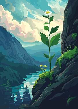 Daisy in Mountain Landscape Illustration