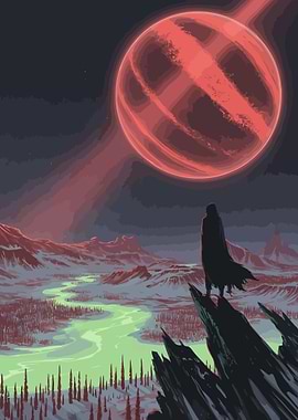 Red Planet Landscape with Cloaked Figure