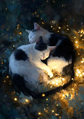 Sleeping Cats Surrounded by Stars