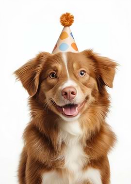 Happy Nova Scotia Duck Tolling Retriever Dog with Party Hat