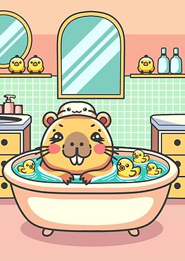 Capybara Bathing with Rubber Ducks