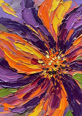 Impasto Flower Painting: Purple, Orange, Yellow