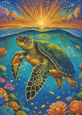 Sea Turtle Swimming at Sunset Painting