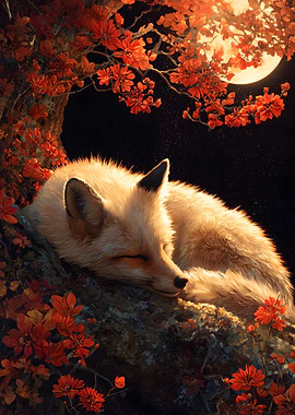 Sleeping Fox Under Autumn Moon