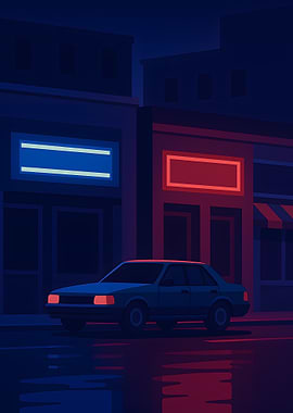 Night Cityscape with Car and Neon