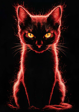 Red Glowing Cat Portrait on Black