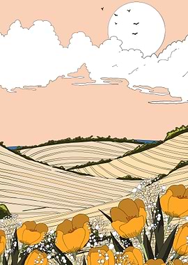 Floral Landscape with Sun and Birds