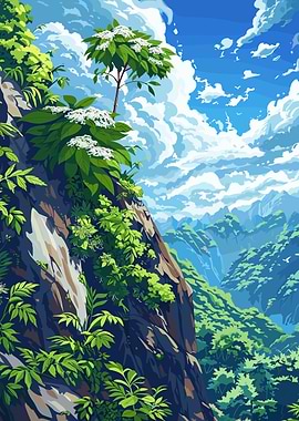 Lush Cliffside Landscape with White Flowers