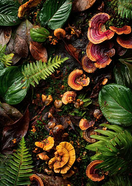 Forest Floor with Mushrooms and Leaves