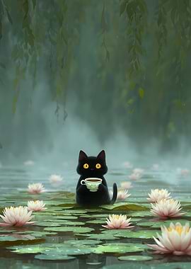 Black Cat with Tea in Lily Pond