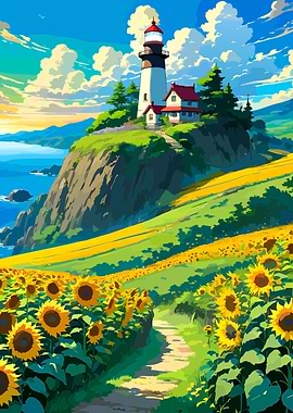 Lighthouse and Sunflower Field Landscape