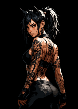 Tattooed Woman with Ponytail on Black
