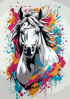 Abstract Horse Portrait with Colorful Splatters