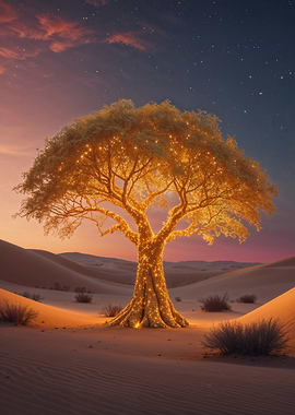 Golden Tree in Desert at Sunset