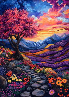 Vibrant Landscape Painting with Floral Path