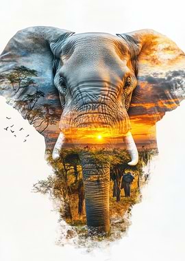 Elephant Double Exposure Sunset Landscape