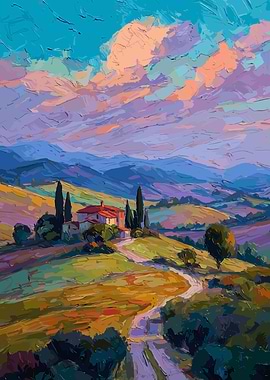 Tuscan Landscape Painting with Farmhouse