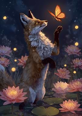 Fox and Butterfly in Lily Pond
