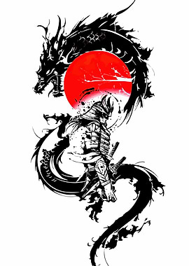 Samurai and Dragon Ink Illustration