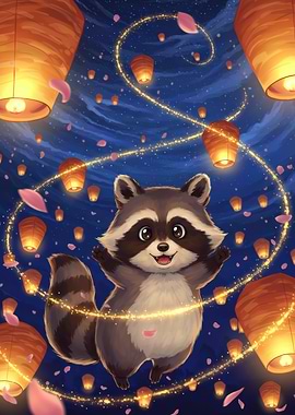 Cartoon Raccoon with Lanterns and Petals