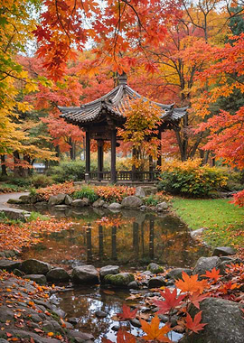 Autumnal Japanese Garden with Pagoda