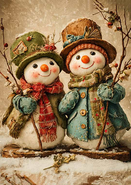 Two Festive Snowmen in Winter Scene