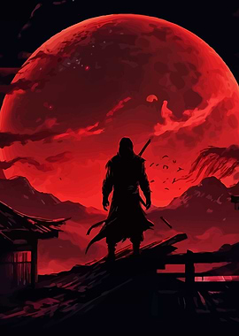 Silhouette of Warrior Under Red Moon