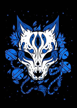 Blue and White Kitsune Mask Illustration