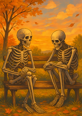 Skeletons on Bench in Autumn